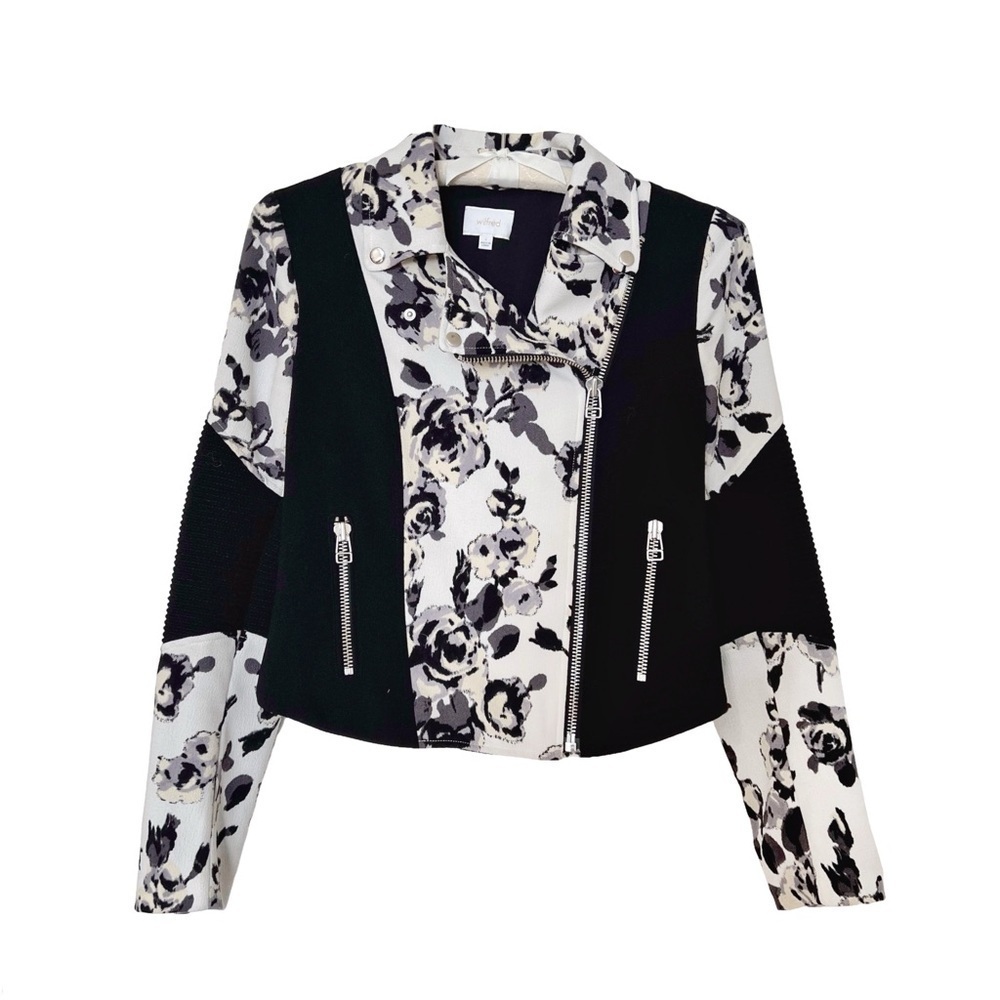 Aritzia Wilfred Black White Floral Montesson Moto Crepe Jacket - Sz 6 - Picture 2 of 16